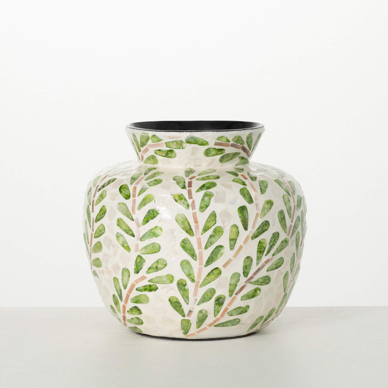 Vase à motif de feuilles H 9 po; vert