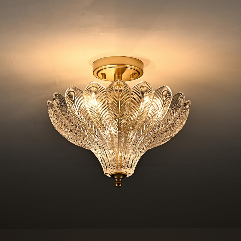 Plafonnier doré à 3 lumières avec abat-jour en verre transparent