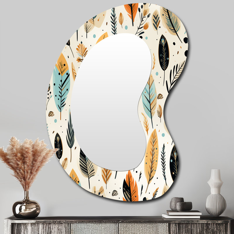 Gabil Rustic Bohemian Boho Pattern - Botanical Asymmetrical Decorative Mirror, Boho Unique Shape Wall Mirror, Printed Metal Art