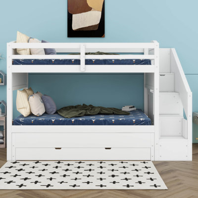 Bunk Bed With Trundle And 3 Drawers, Wooden Bunk Bed With Storage Staircase And Small Side Wardrobe