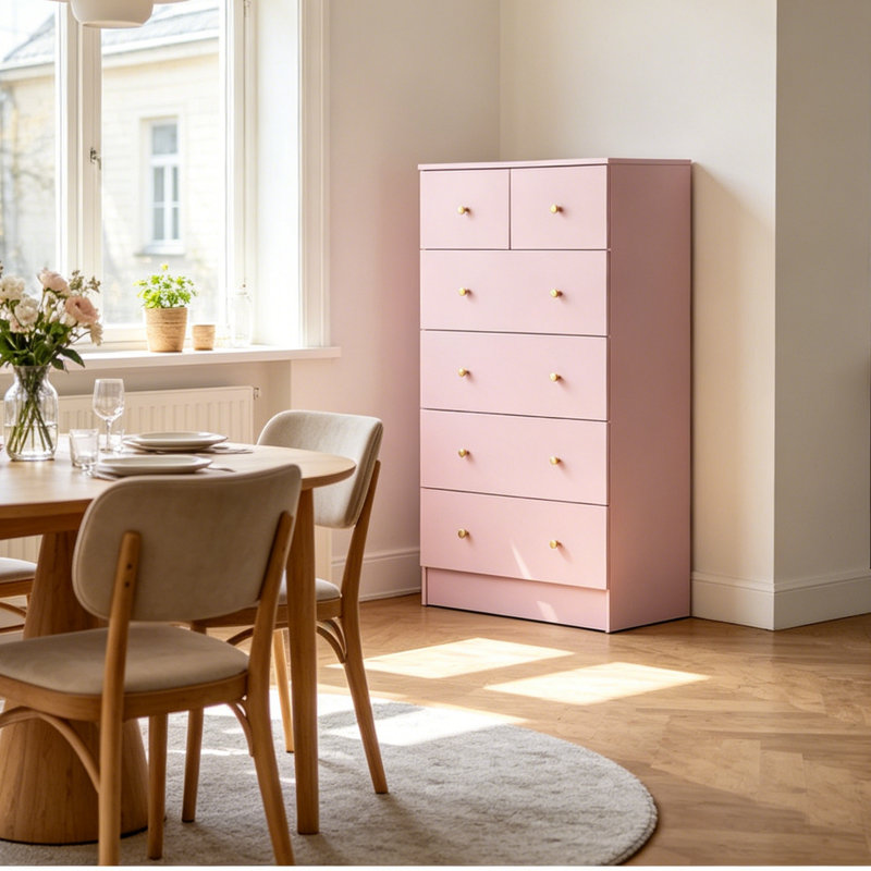 Commode 6 tiroirs en bois avec poignées dorées, armoire de rangement haute pour chambre à coucher et salon - finition rose Macaron