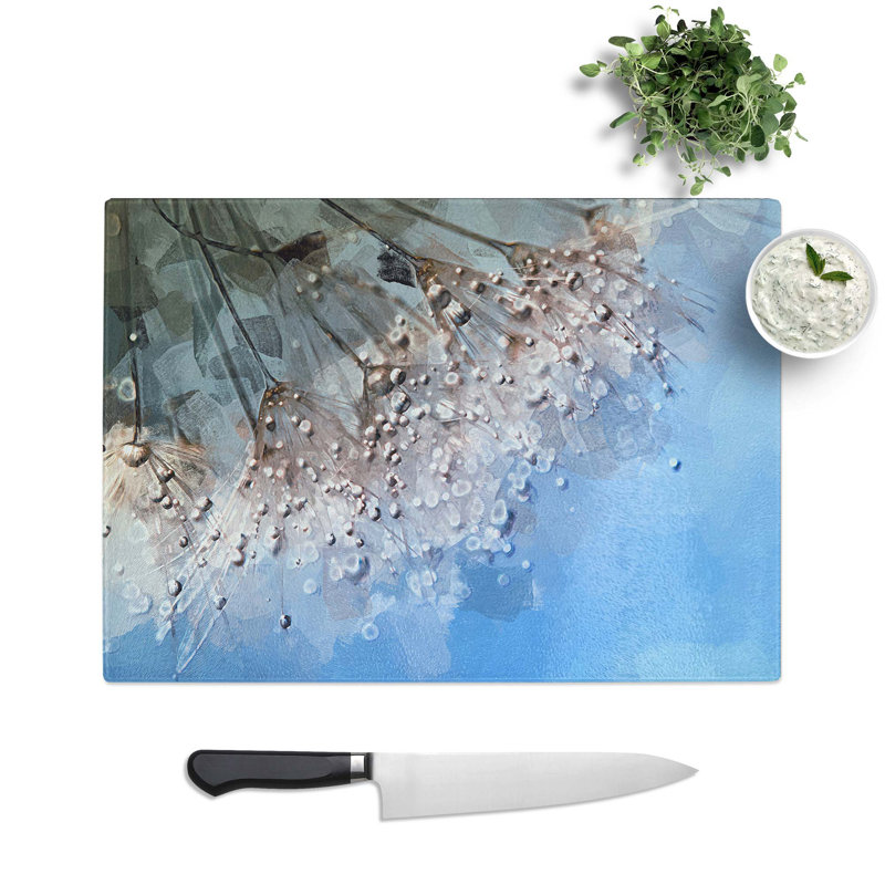 Tempered Glass Dewdrops upon a Dandelion Chopping Board, 39 cm W x 28.5 cm L