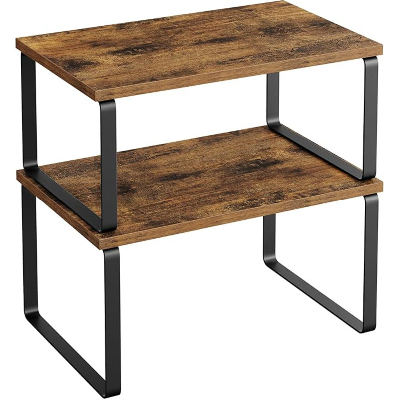 Ensemble de 2 tablettes de rangement pour armoire de cuisine, étagère à épices, empilable, extensible, métal et bois d'ingénierie, encre noire et brun rustique UKCS020X01