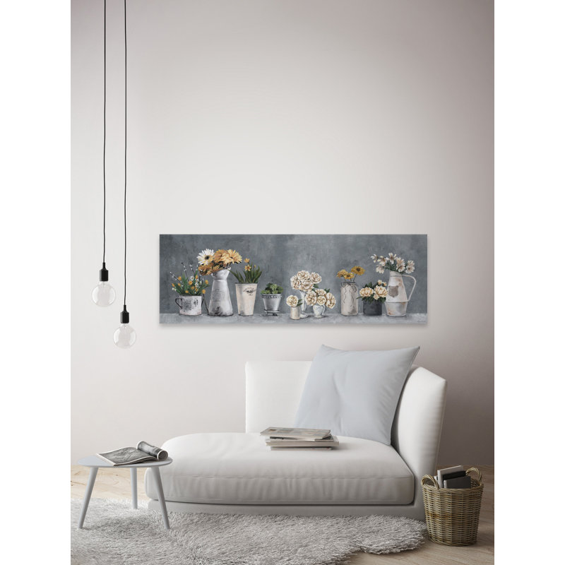 Rustic Gray Canvas Wall Art with Peach and White Flowers, 20" x 60"