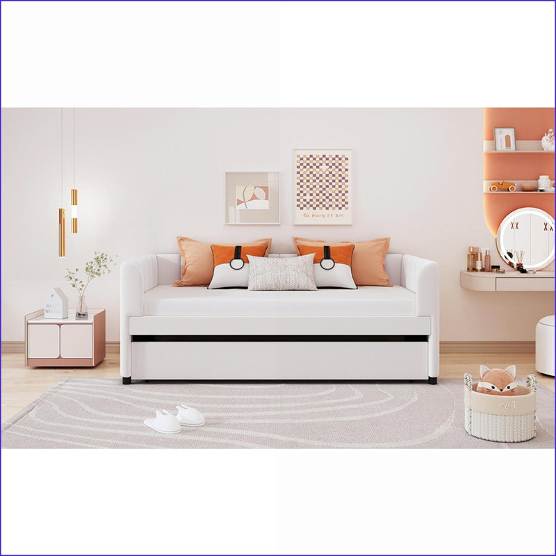 Twin Size Velvet Upholstered Daybed with Ergonomic Backrest &amp; Trundle, Beige - No Box Spring Needed