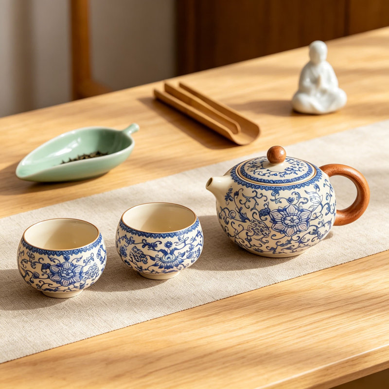 Ensemble de théière et tasse à thé en porcelaine bleue et blanche, 7,5 oz, glacis Ice Crack, ensemble de cérémonie du thé Kungfu chinois, boîte-cadeau de bureau à domicile