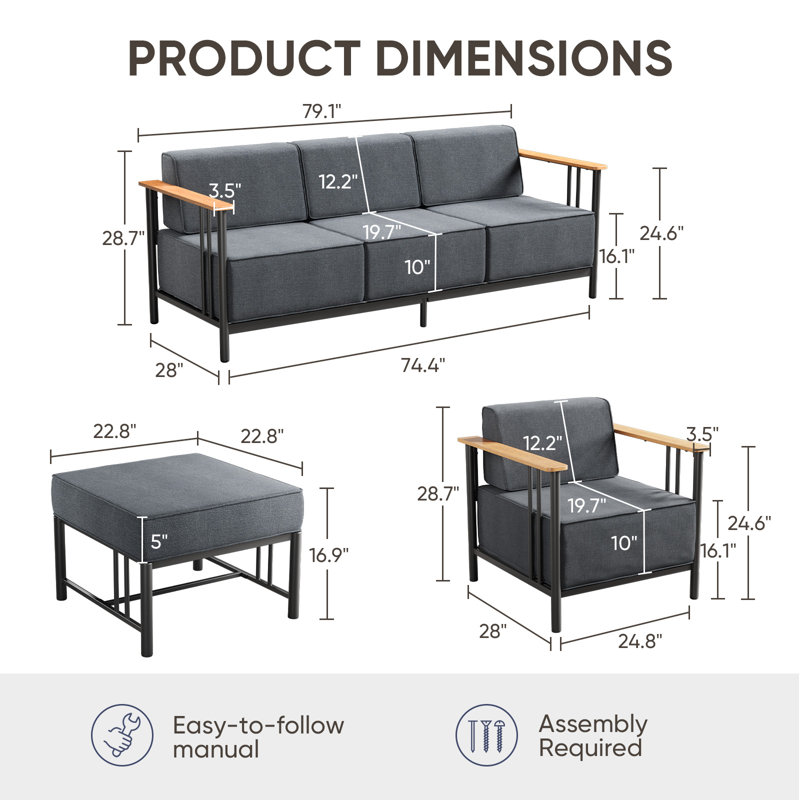 Coan 5-Pieces Outdoor Patio Modern Style Metal Conversation Set Seating Group With Ottomans, Gray Cushion/Black Frame