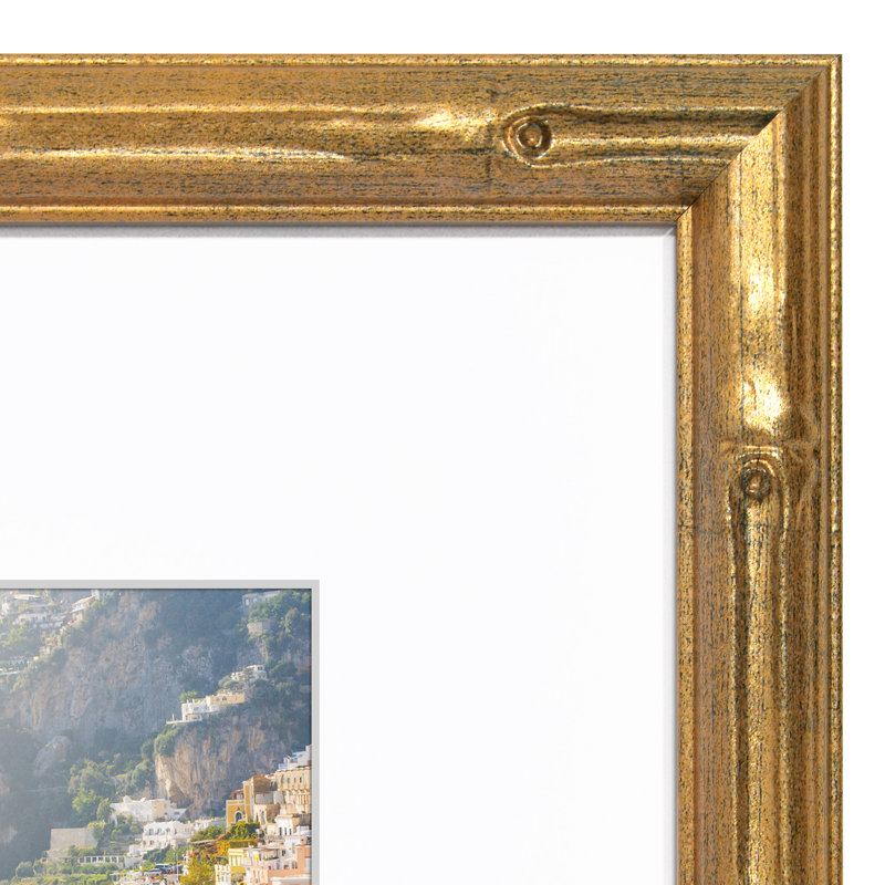 Picture Frame with Mat - Gold Frame - Faux Bamboo Design - Easel Stand and Shatter Resistant Glass, 8" W x 10" H