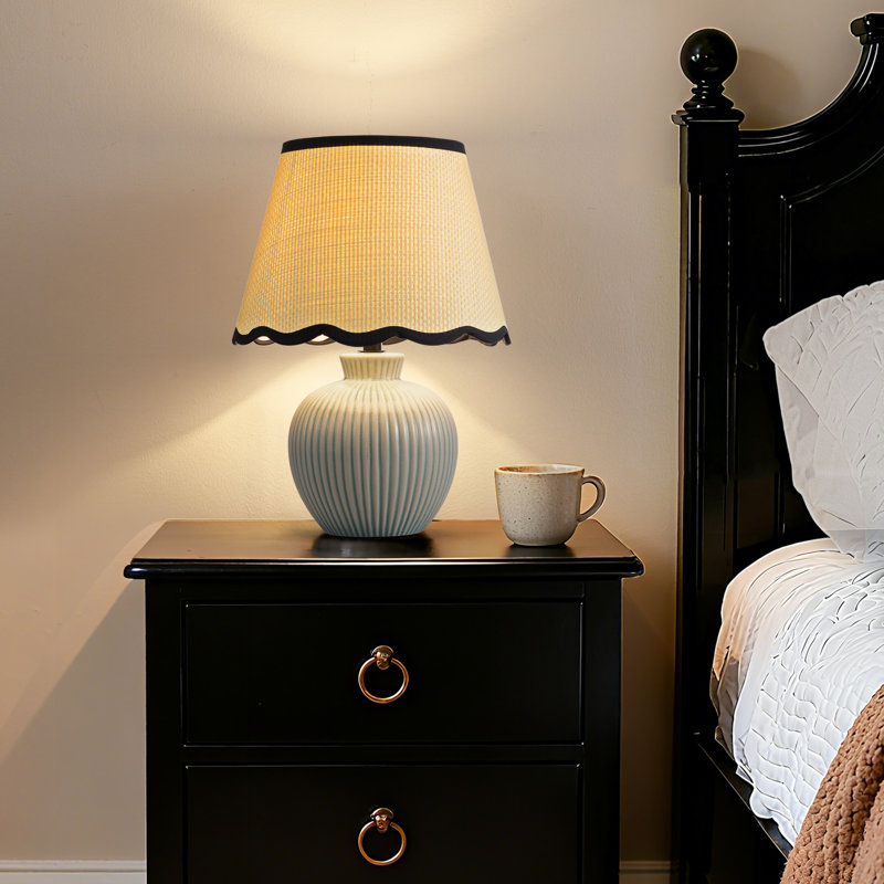 12.9" Ceramic Table Lamp with Adjustable Rattan Scallop Shade, Includes G45 Bulb, Green