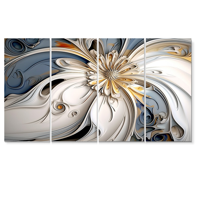 Abstrait fleur flottante blanche - ensemble d'art mural floral moderne 4 pièces, H 32 po x l 64 po