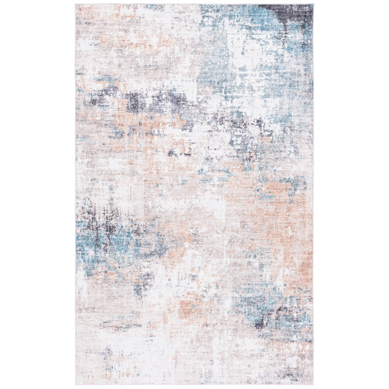 Tapis bleu / brun / gris en polyester tissé à la machine Tabias, Rectangle 4 pi x 6 pi