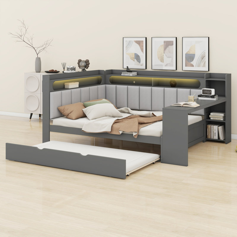 Daybed with Trundle, Storage Shelves & Charging Station, LED Light & Desk, Gray