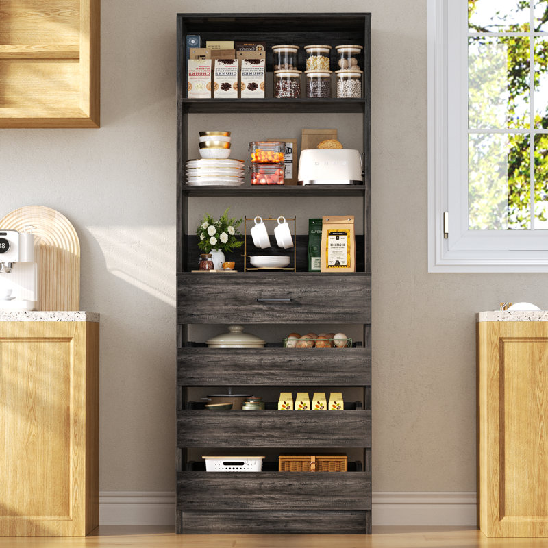 Garde-manger de 80 po de hauteur avec tablettes réglables et tiroirs, Bois gris