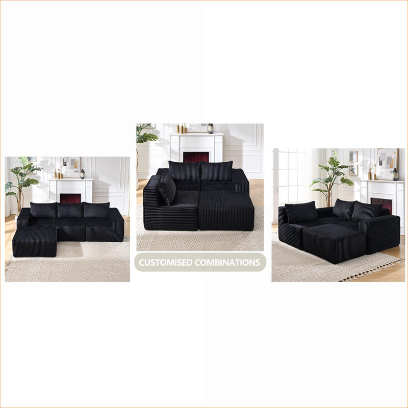 Canapés modulaires | Méridienne en forme de L moderne et modulaire avec méridienne profonde pour salon | Noir | Tissu