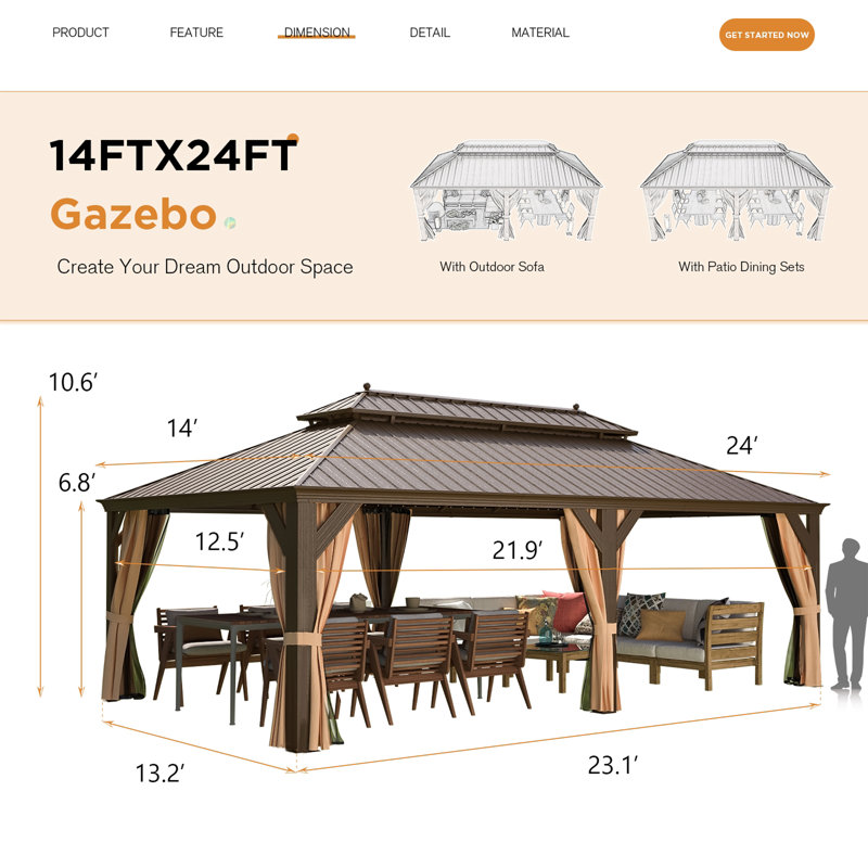 14 Ft. W X 24 Ft. D Pro Series Aluminum Patio Gazebo, Premium Hardtop Gazebo With Galvanized Steel Double Roof, Extra Large Permanent Pavilion With Curtain And Netting For Patio, Lawn, Deck