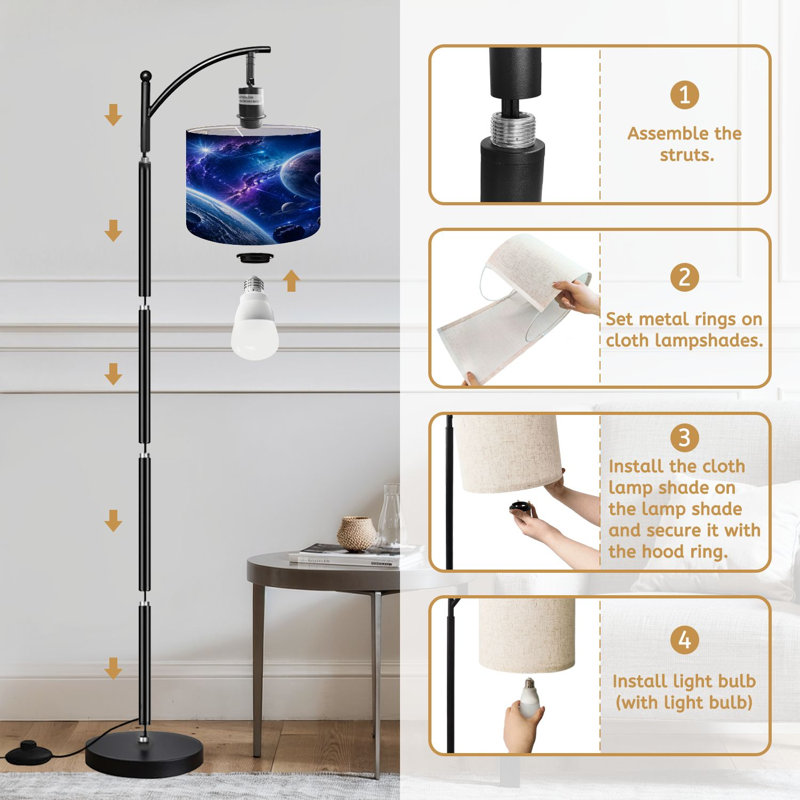  Arc Floor Lamp Galactic Nebula Cosmic Planets Bright Stars Vibrant Purple Blue Tall Modern Standing Lamp LED Adjustable Linen Lampshade 3 Color Temperatures