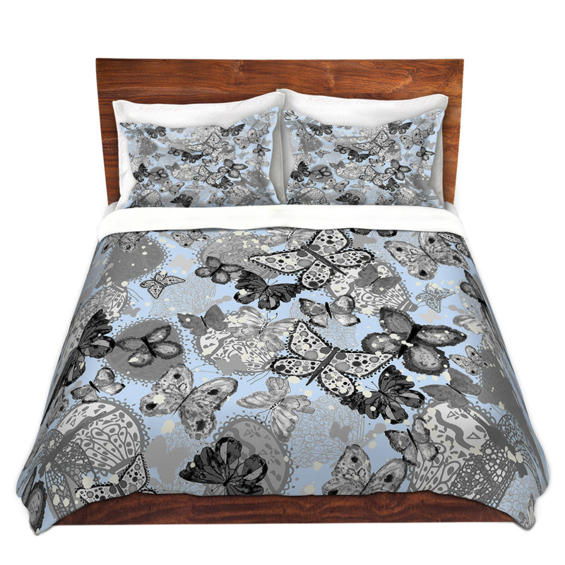 Ensemble de housse de couette papillons, 1 housse de couette grand + 2 taies standards, Noir / Gris