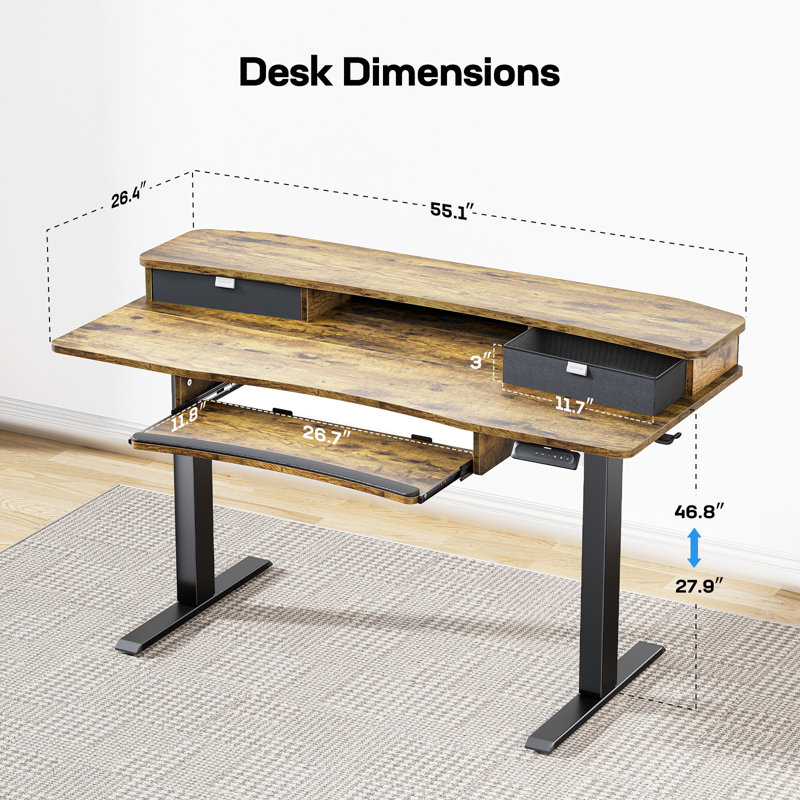 Adjustable Standing Desk With Keyboard Tray, Riser & Drawers, Brown, 30" H x 55" W x 26" D