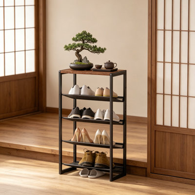 Slim 5-Tier Shoe Rack, Narrow Space-Saving Shelf with Decorative Wood Top and Steel Mesh, for Entryway, Closet, Dorm, and Apartment Storage, 16.5 x 11.8 x 36 Inches