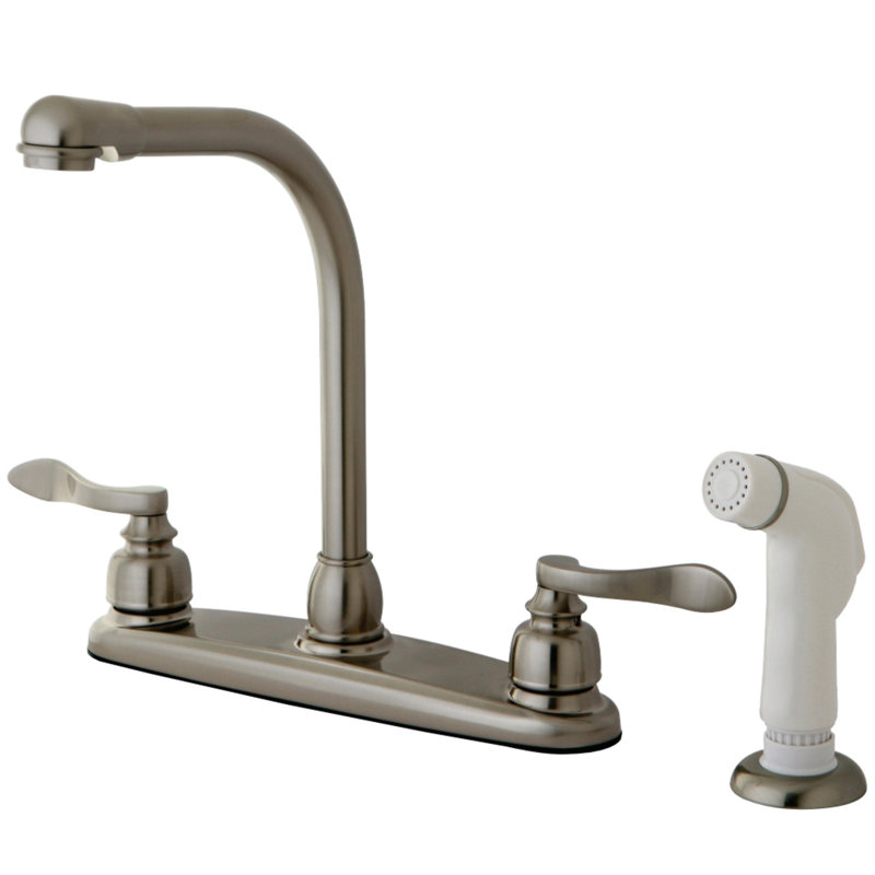 Kingston Brass NuWave French Two-Handle 4-Hole 8" Centerset Kitchen Faucet with Side Sprayer, Brushed Nickel, Plastic