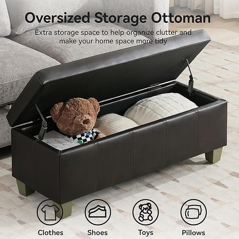 Storage Ottoman, Black Brown Rectangle Upholste...