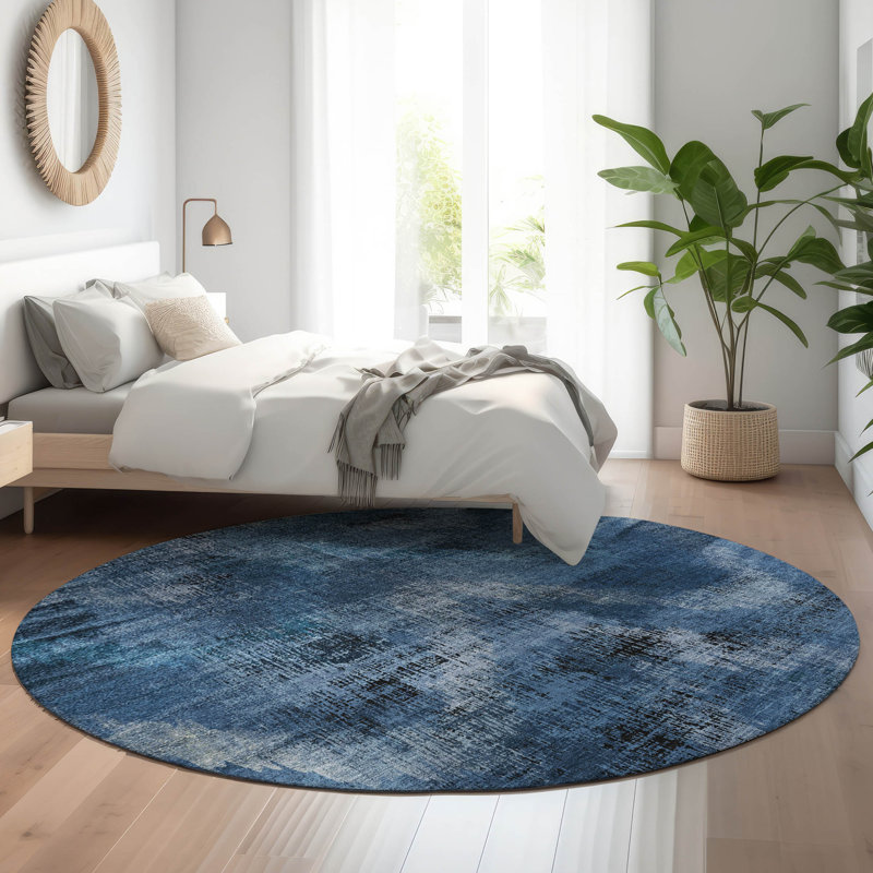 Premium Machine Washable Prisco Blue Rug, Round 8'
