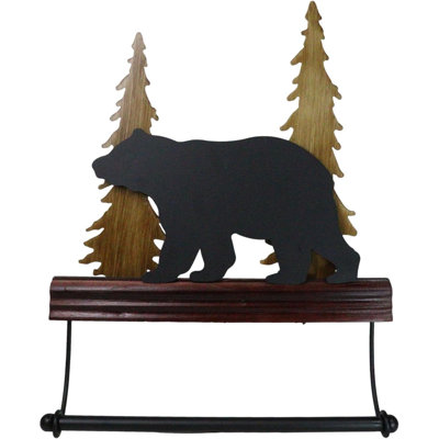 Rustic Western Black Bear By Pine Tree Forest Wooden Wall Hand Towel Holder Bar