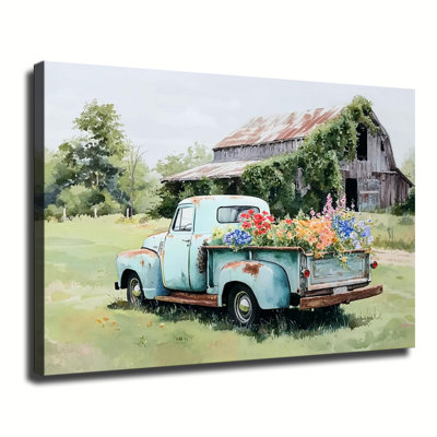 Light Blue Vintage Pickup Truck Loaded With Colorful Garden Flowers, Large Gallery Wrapped Canvas Wall Art Print For Living Room Bedroom