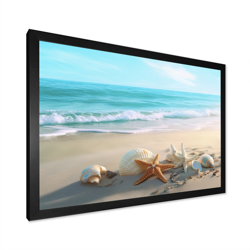 Bord de mer côtier - plage moderne, art mural, Cadre noir, H 24 po x l 32 po x P 1 po