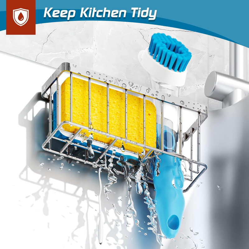 Kitchen Sink Sponge Holder, Suction Cup & Adhesive Mount Sink Caddy for Sponge Scrubber Stopper, Silver