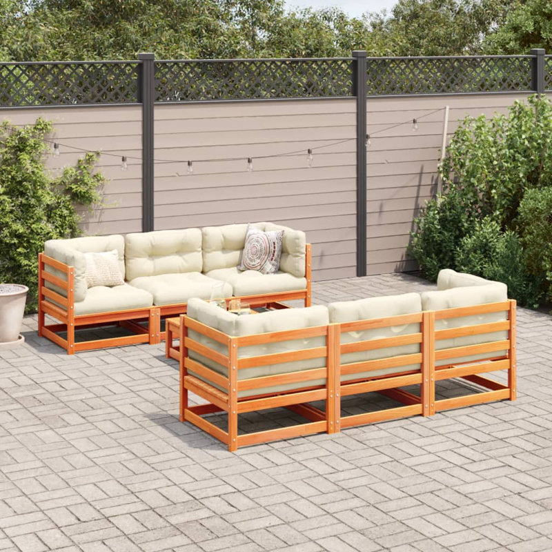  Garden Sofa Set Wax Brown Solid Pine Wood 7 Piece Modular, Beige Cushion/Brown Frame