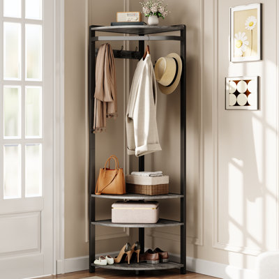 Portemanteau de coin semi-circulaire peu encombrant - 6 crochets doubles, banc à chaussures, 4 tablettes de rangement - organisateur de vestibule autoportant pour couloir, chambre à coucher, placard, appartement - gris pierre