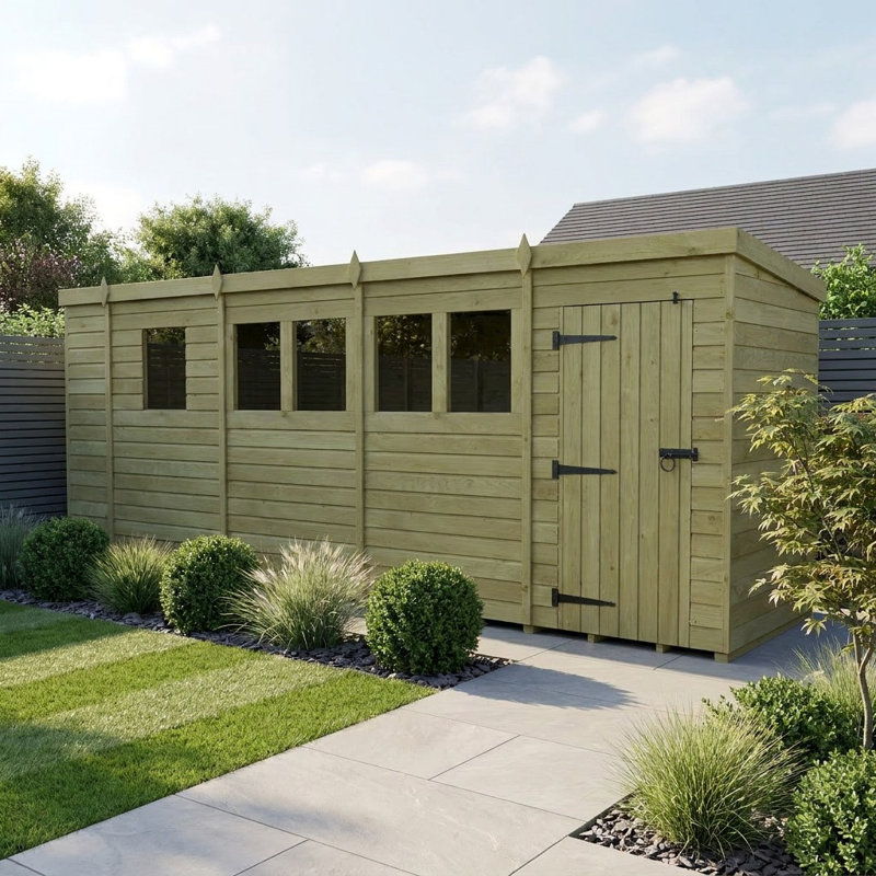 Total Sheds 17ft x 4ft Pent Garden Shed - Single Door - With Windows - Pressure Treated Timber - UK Manufactured