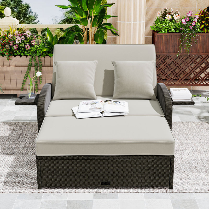 Outdoor 2-Person Recliner Chaise Lounge with Adjustable Backs, Cushions and Weatherproof Cover, Brown, Gray