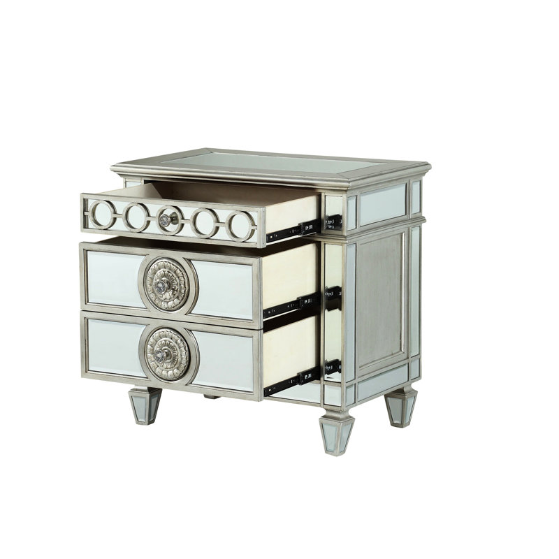 Mirrored Nightstand Silver - Elegant Motifs, Smooth Glides Stunning Raised Geometric Trim, Construction, 2 Drawers
