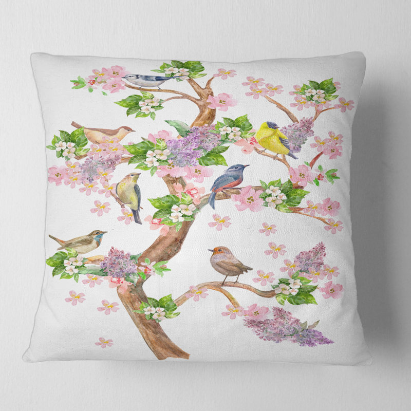 Housse de coussin et insert carré Tree with Birds on Flowering Branches, 18" x 18"
