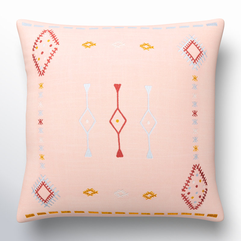 Gwyn Embroidered Cotton Pillow Cover, 18" x 18", Dusty Pink/Pale Blue/Mustard