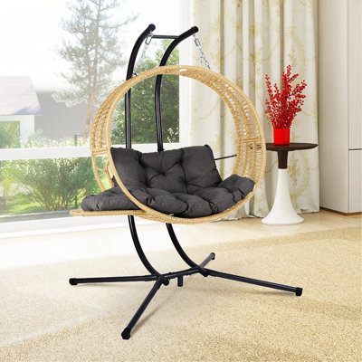 Double Hanging Egg Chair With Stand For Outdoor, Oversized 2 Person Wicker Rattan Swing Chair W/Convertible Armrest For Reclining Seat, All-Weather Cushion And Heavy Duty Frame, 700Lbs Cap.  Yellow
