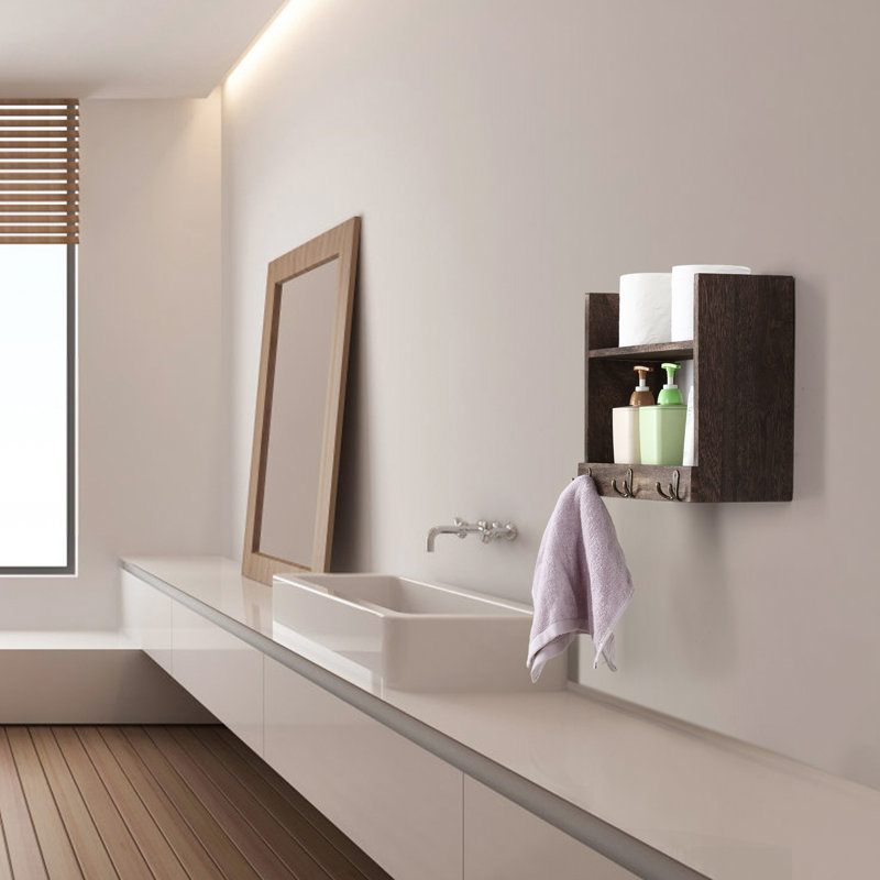 Aleanna Floating Shelf with Hooks, Brown