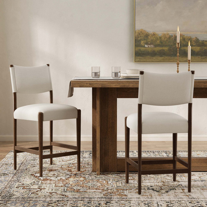Ensemble de 2 tabourets de bar modernes en bois massif avec revêtement en lin
