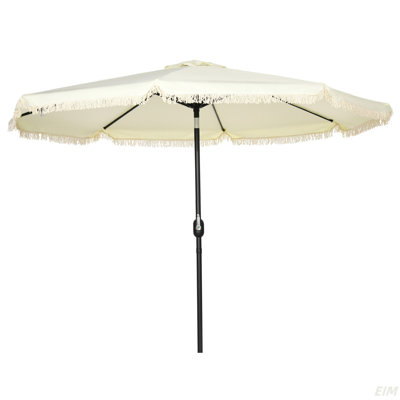 Parasol de patio de 9 pi avec bouton poussoir inclinable et manivelle, parasol de table de marché à volants avec pampilles et 8 baleines, pour jardin, terrasse, piscine (parasol de patio)