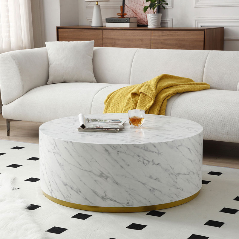 Table basse, table basse, table de salon avec base en métal Dawsen, H 13,78 po x L 35,43 po x l 35,43 po, Blanc