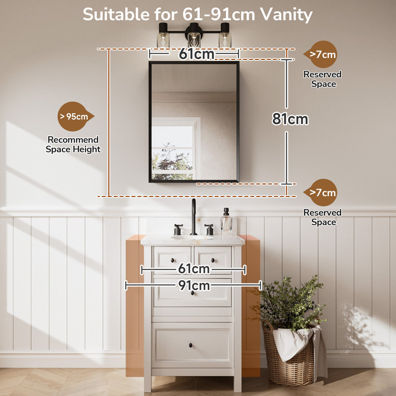 W H Framed Medicine Cabinet Mirror Adjustable, 81 cm H x 61 cm W x 13 cm D, Matte Black
