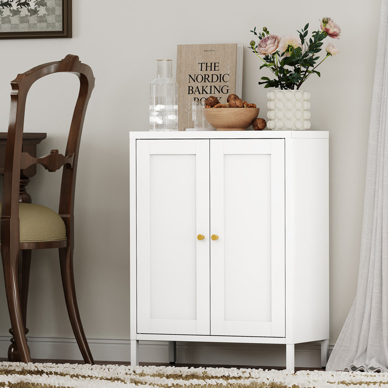  Metal Bathroom Floor Storage Cabinet With 2 Adjustable Shelves And 2 Doors, White, White