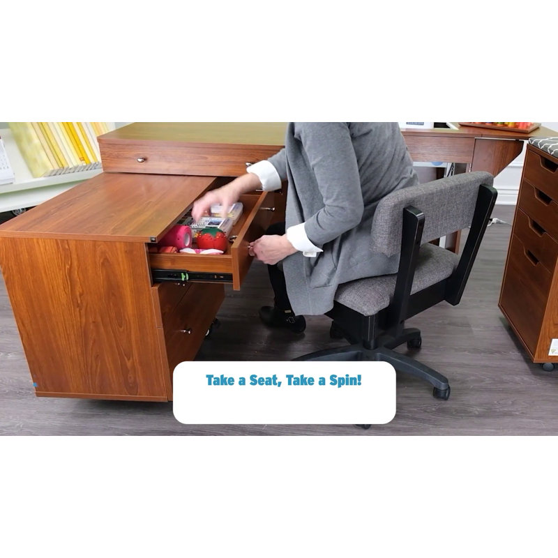 Teak Full-Size Sewing Cabinet with Hydraulic Lift and Drawers
