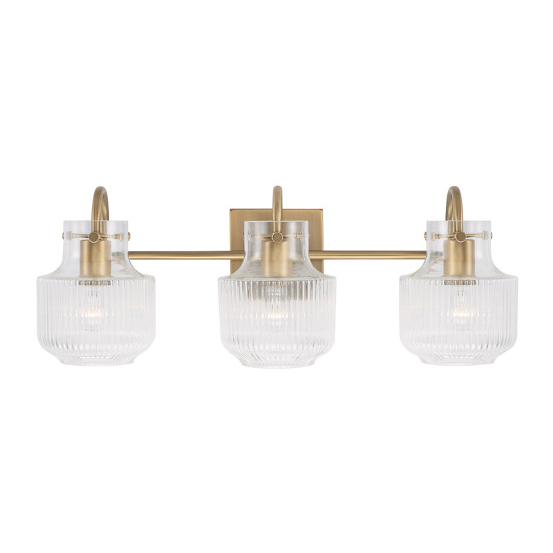 Meuble-lavabo 3 lumières l 24 po x H 9 po en nickel poli avec verre cannelé transparent, Laiton vieilli