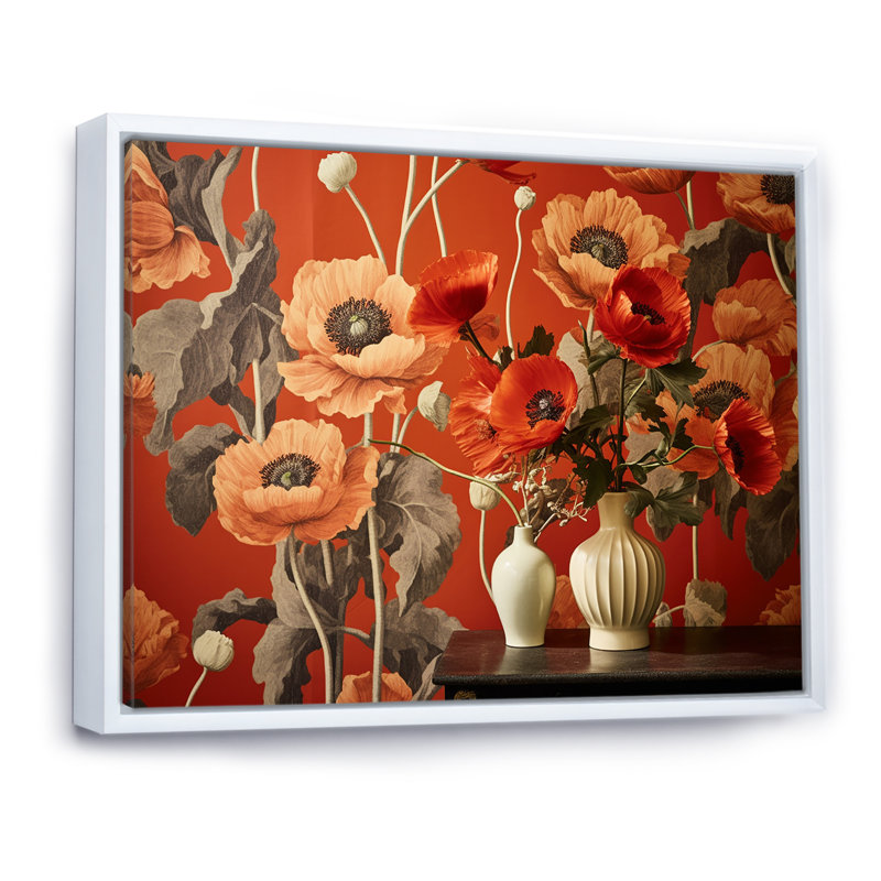 «Poppy Vase Dreams - Poppies», art mural sur toile, Cadre flottant blanc, 34" H x 44" W