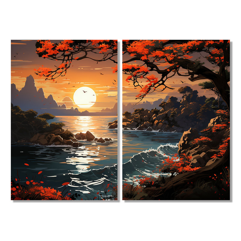 Décor de coucher de soleil japonais avec côtes japonaises - vue côtière 1, H 36 po x l 48 po, Toile tendue, Ne s’applique pas