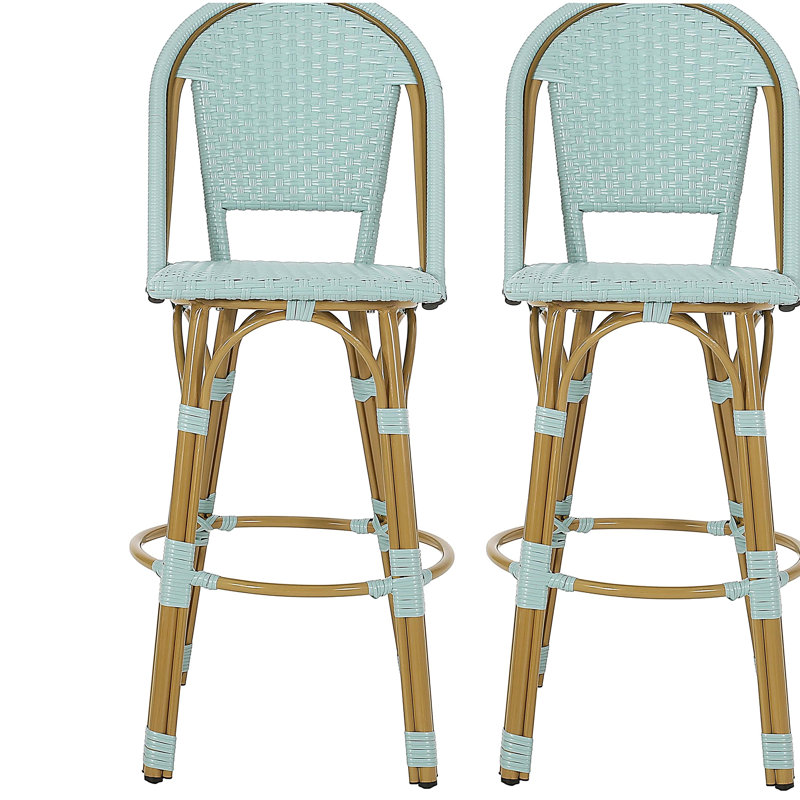 Ensemble de 2 tabourets de bar 29,5 po d'extérieur en rotin PE et aluminium français, fini sarcelle clair et bambou