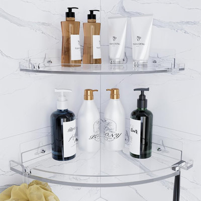Tablettes de douche d'angle en acrylique - transparent - ensemble de 2 tablettes murales de salle de bain adhésives, organisateur de panier de douche antirouille antirouille